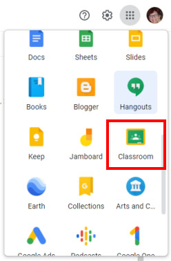 Google Classroom, pokretanje preko apps menija